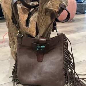 Two Bar West Brown Leather Fringe Crossbody